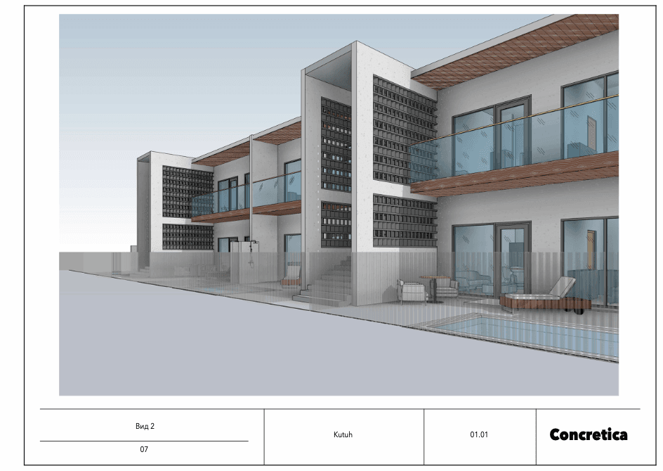 Villa floor plan — exterior perspective view of two-storey villa complex — Frigate Bali