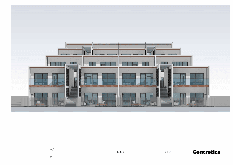 Villa floor plan — front elevation drawing of two-storey villa complex — Frigate Bali