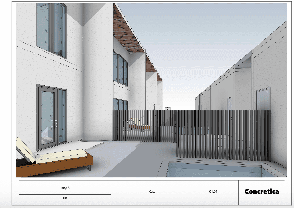 Villa floor plan — courtyard perspective view with timber screen — Frigate Bali