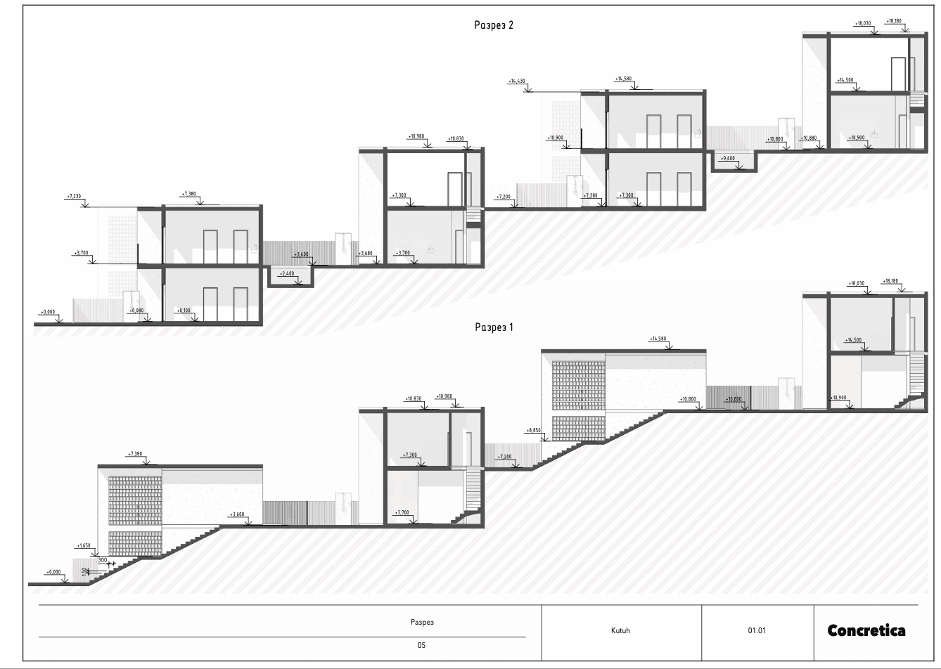 Villa floor plan — hillside villa cross-sections showing terrain levels — Frigate Bali