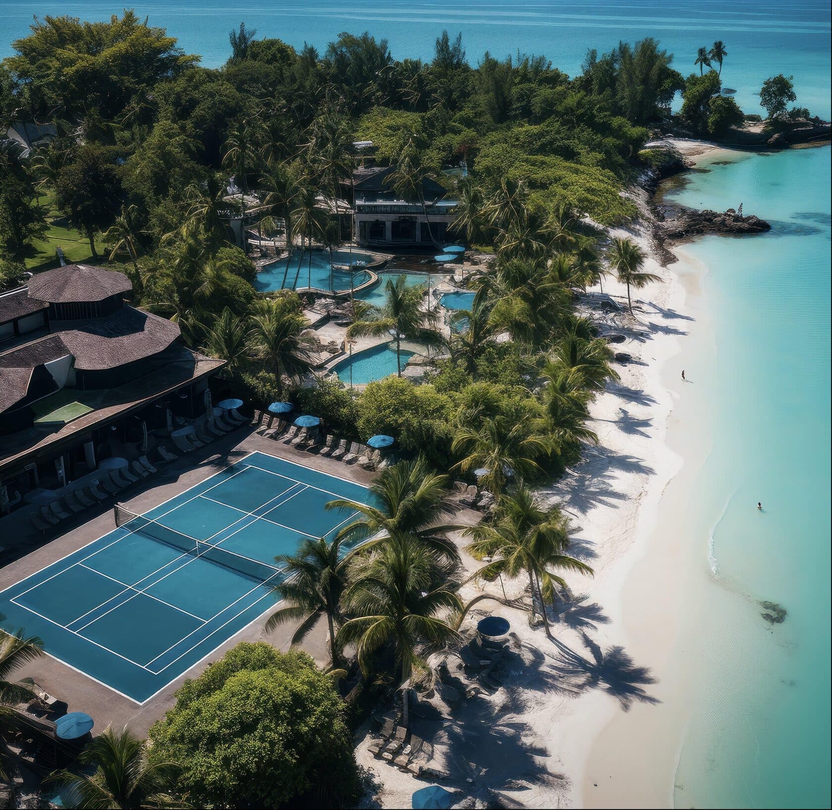 Aerial render of a beachfront resort with tennis court and pools — Frigate Bali
