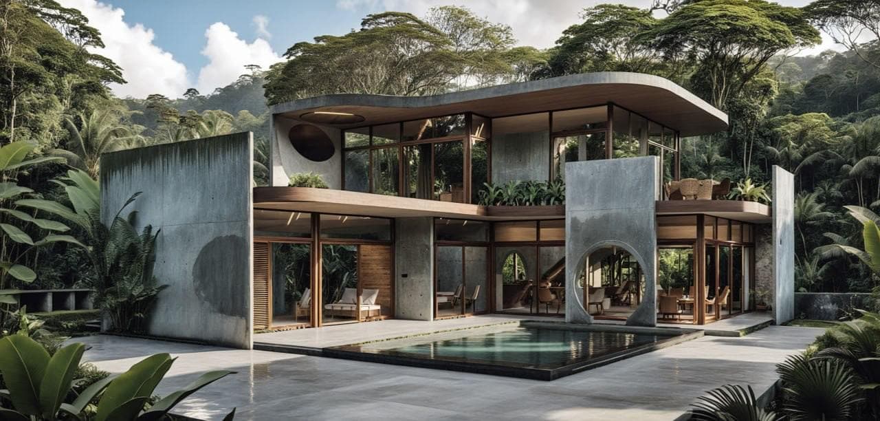 3D render of a concrete and timber villa with pool in the jungle — Frigate Bali