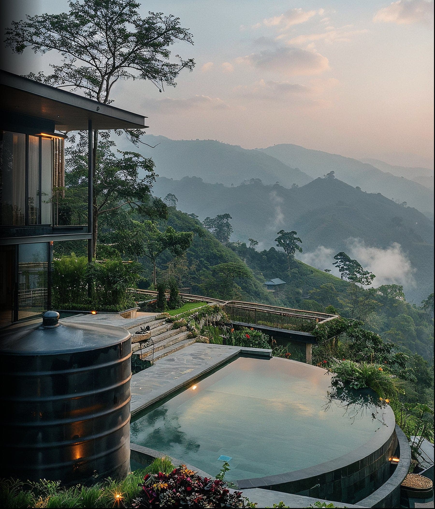 3D render of a hillside villa with infinity pool overlooking jungle mountains — Frigate Bali