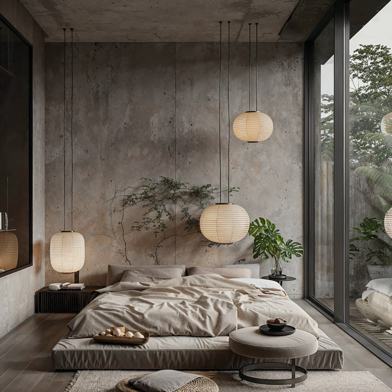 3D render of a wabi-sabi villa bedroom with concrete walls and paper lanterns — Frigate Bali