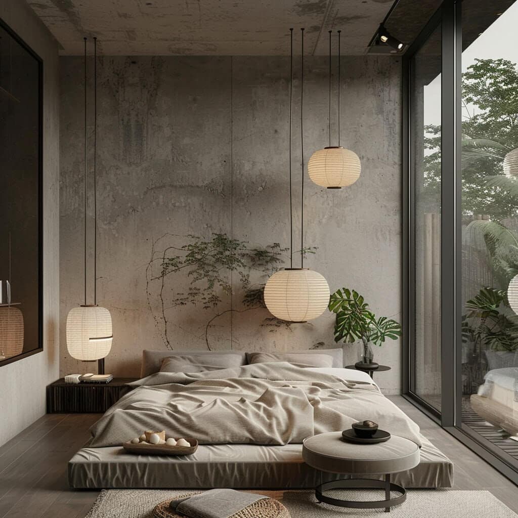 3D visualization — villa bedroom with concrete wall and paper lanterns — Frigate Bali
