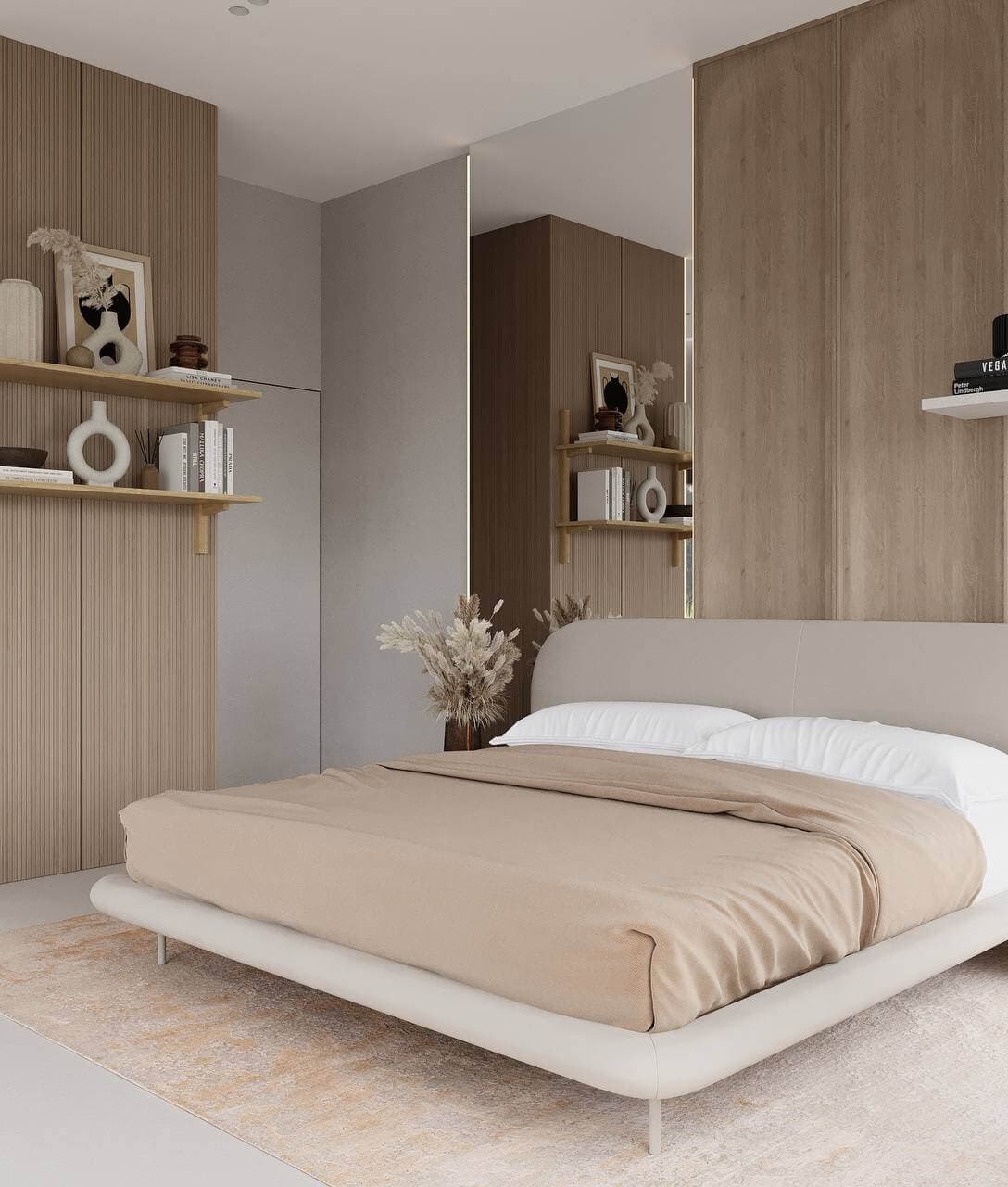 3D visualization — minimalist villa bedroom with wood-slat wall panels — Frigate Bali