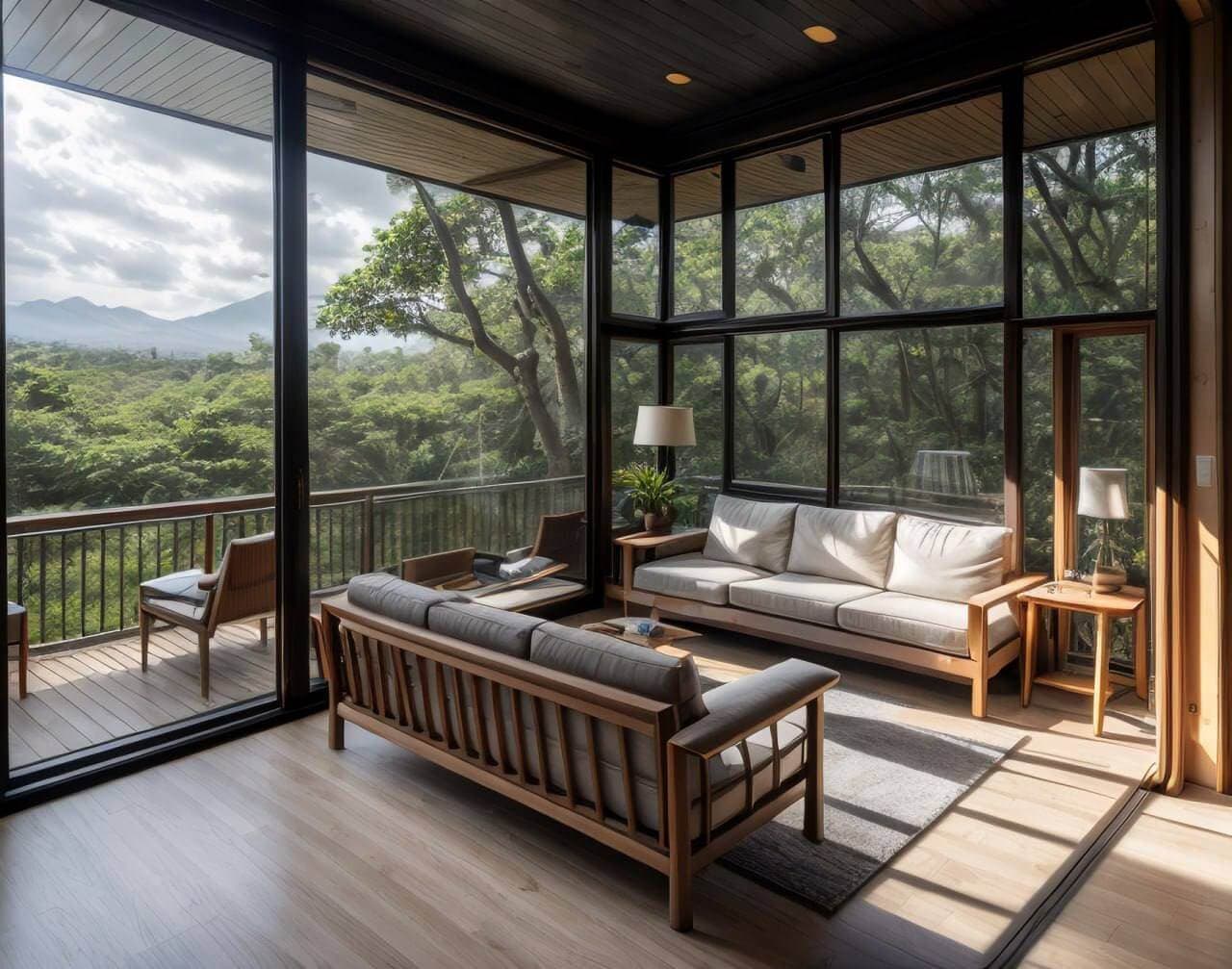 3D visualization — corner villa lounge with panoramic forest and mountain view — Frigate Bali