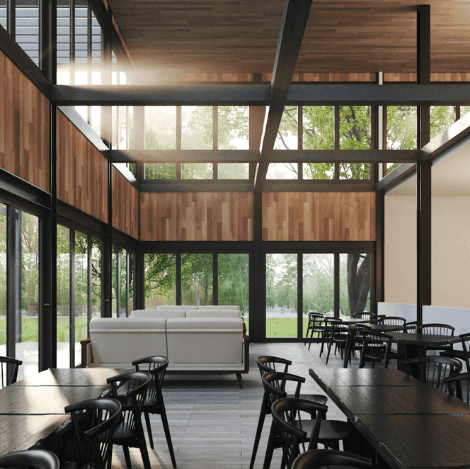 3D visualization — double-height villa living room with timber finishes — Frigate Bali
