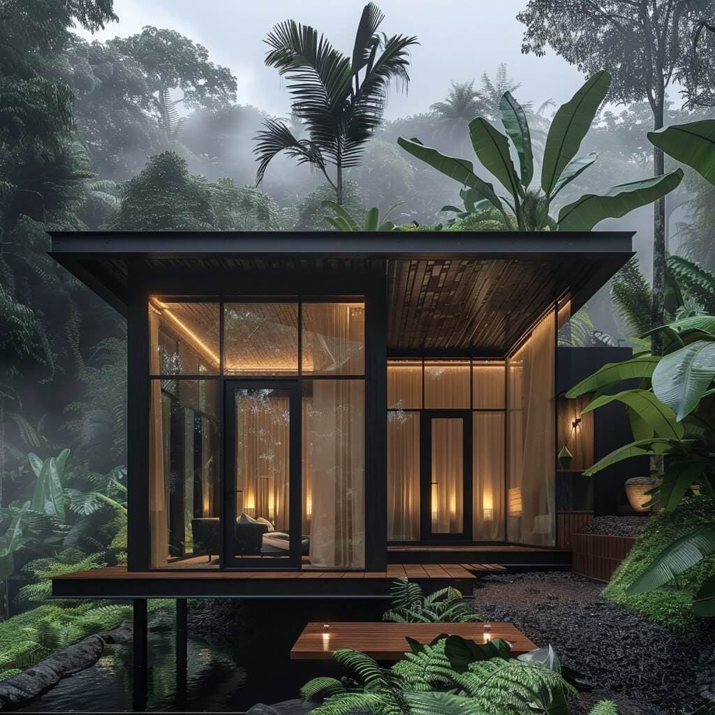 3D visualization — glass cabin villa exterior in jungle at dusk — Frigate Bali