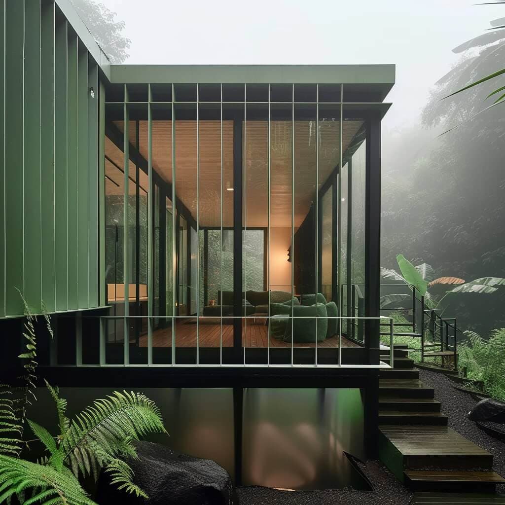 3D visualization — glass pavilion villa exterior in misty jungle — Frigate Bali