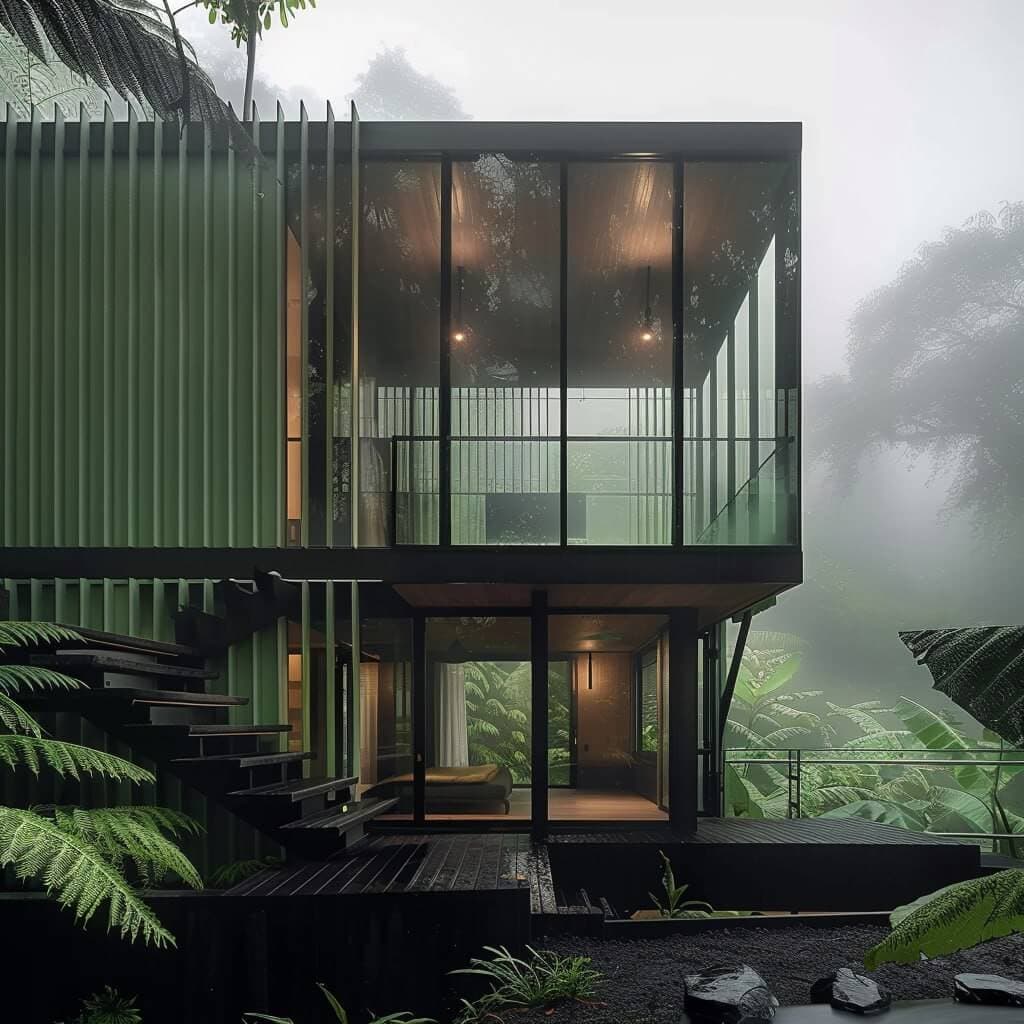 3D visualization — villa exterior with green louvered facade in misty forest — Frigate Bali