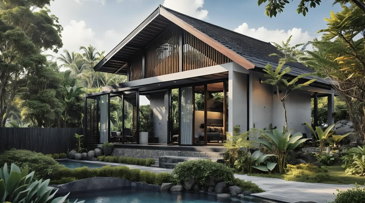 3D visualization — Balinese-style villa exterior with pool and tropical garden — Frigate Bali