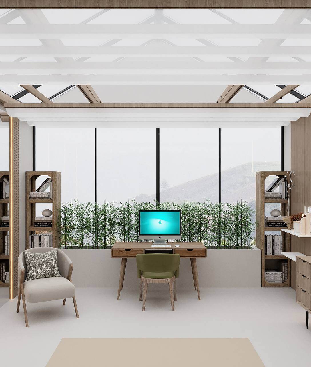 3D visualization — bright villa home office under glass roof with mountain view — Frigate Bali