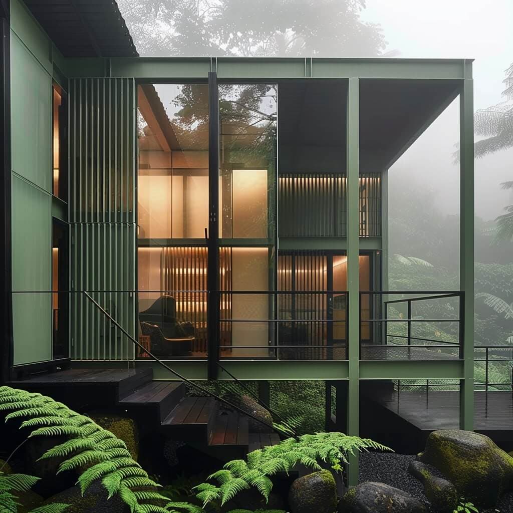 3D visualization — modern glass-and-steel villa with green frame in misty jungle — Frigate Bali