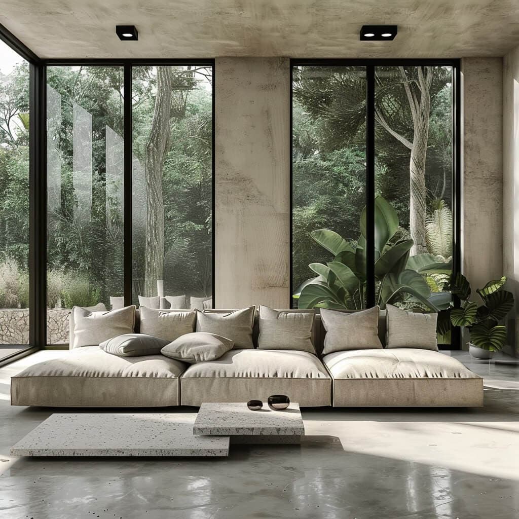 3D visualization — minimalist villa living room with concrete walls and jungle view — Frigate Bali