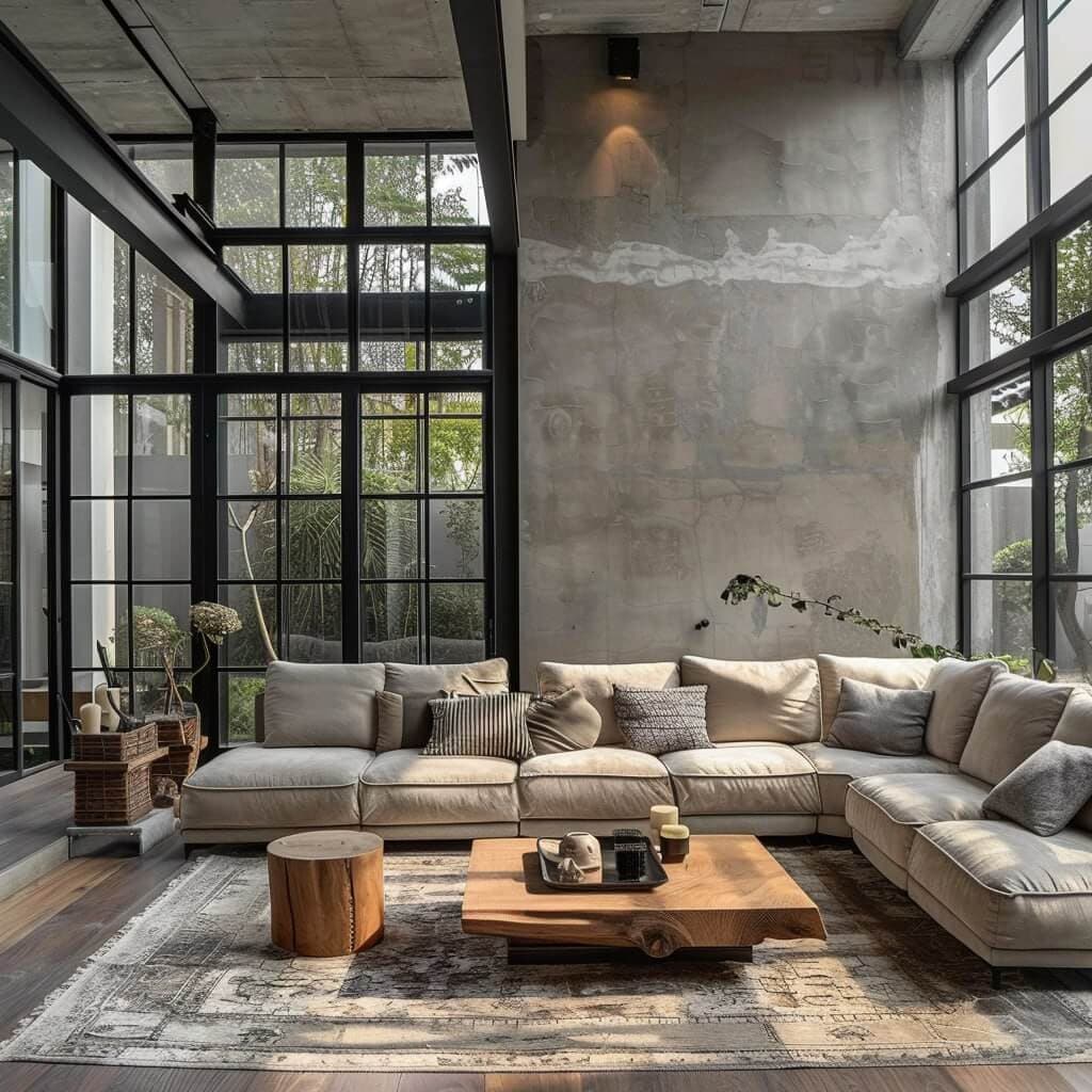 3D visualization — double-height loft-style villa living room — Frigate Bali