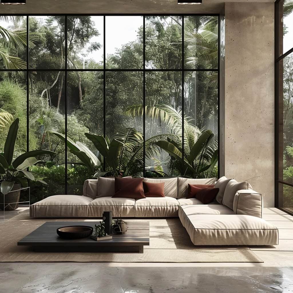 3D visualization — villa living room with panoramic windows and greenery — Frigate Bali