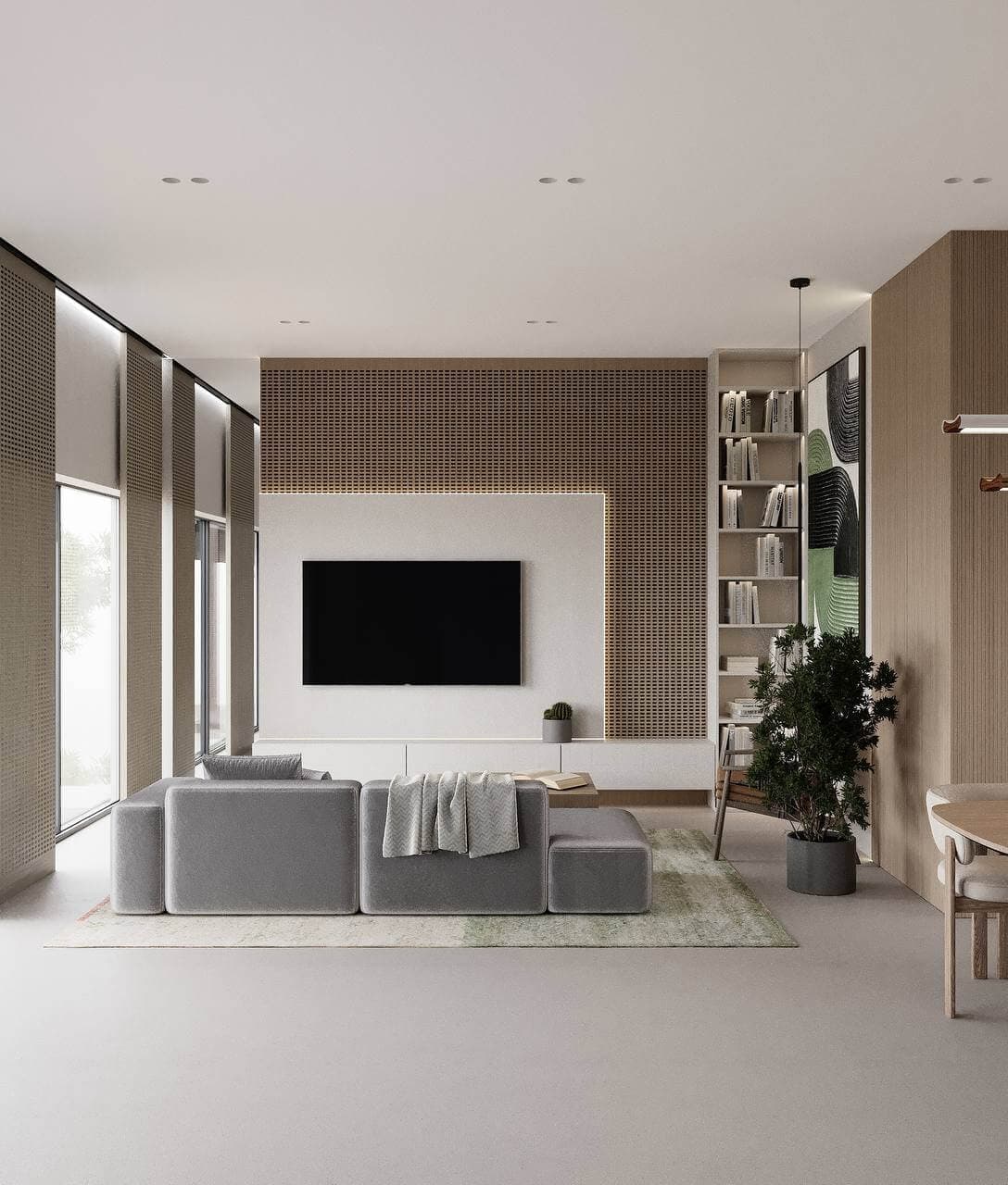 3D visualization — modern villa living room with media wall and modular sofa — Frigate Bali