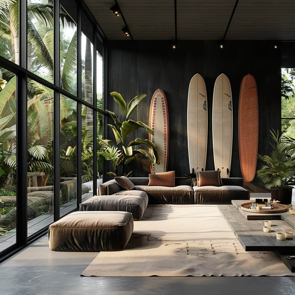 3D visualization — villa lounge with dark walls and surfboards — Frigate Bali