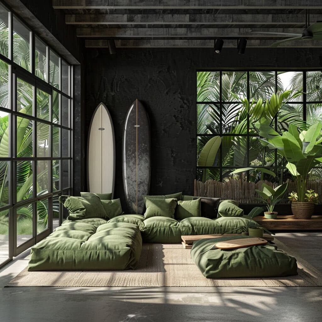 3D visualization — villa lounge with olive sofa and surfboards — Frigate Bali