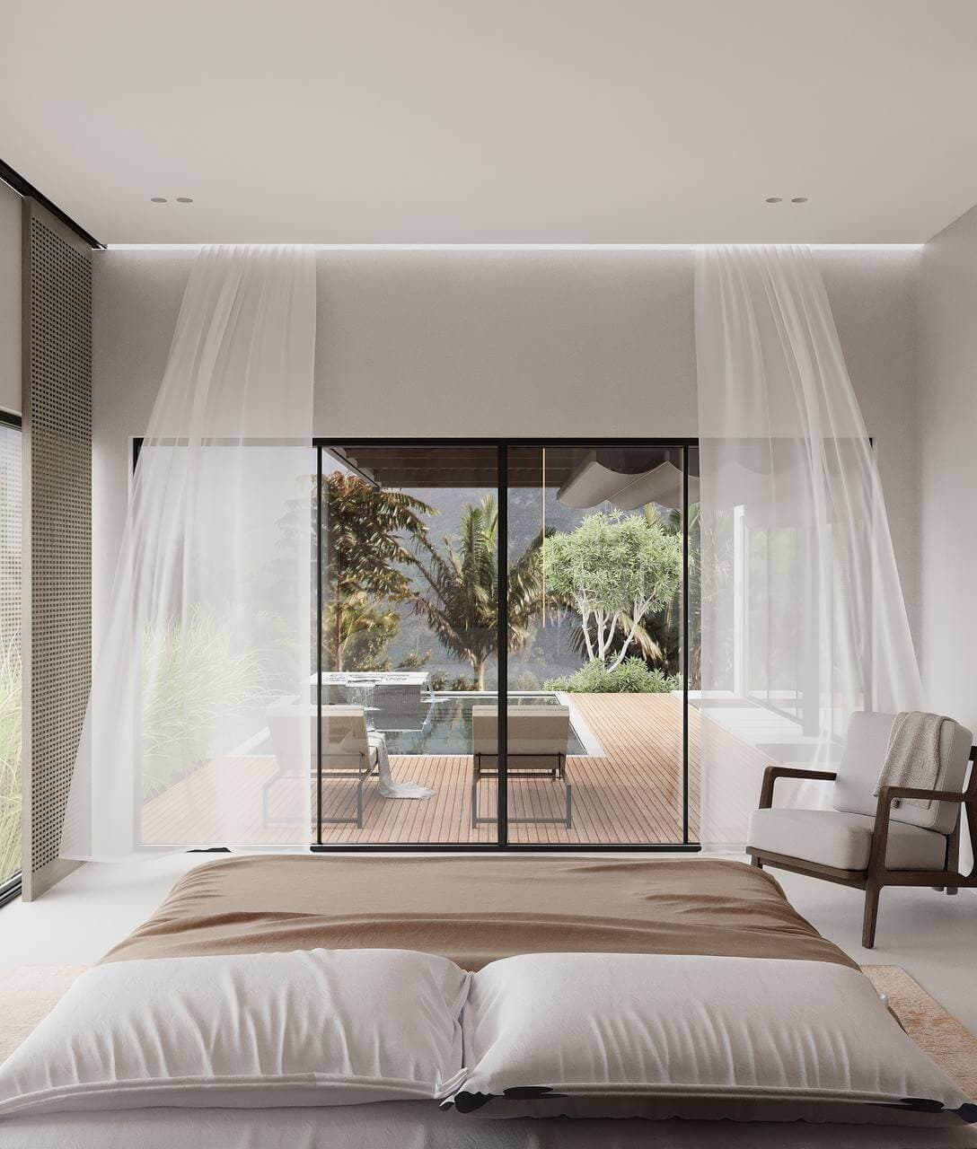 3D visualization — villa master bedroom with terrace and pool view — Frigate Bali