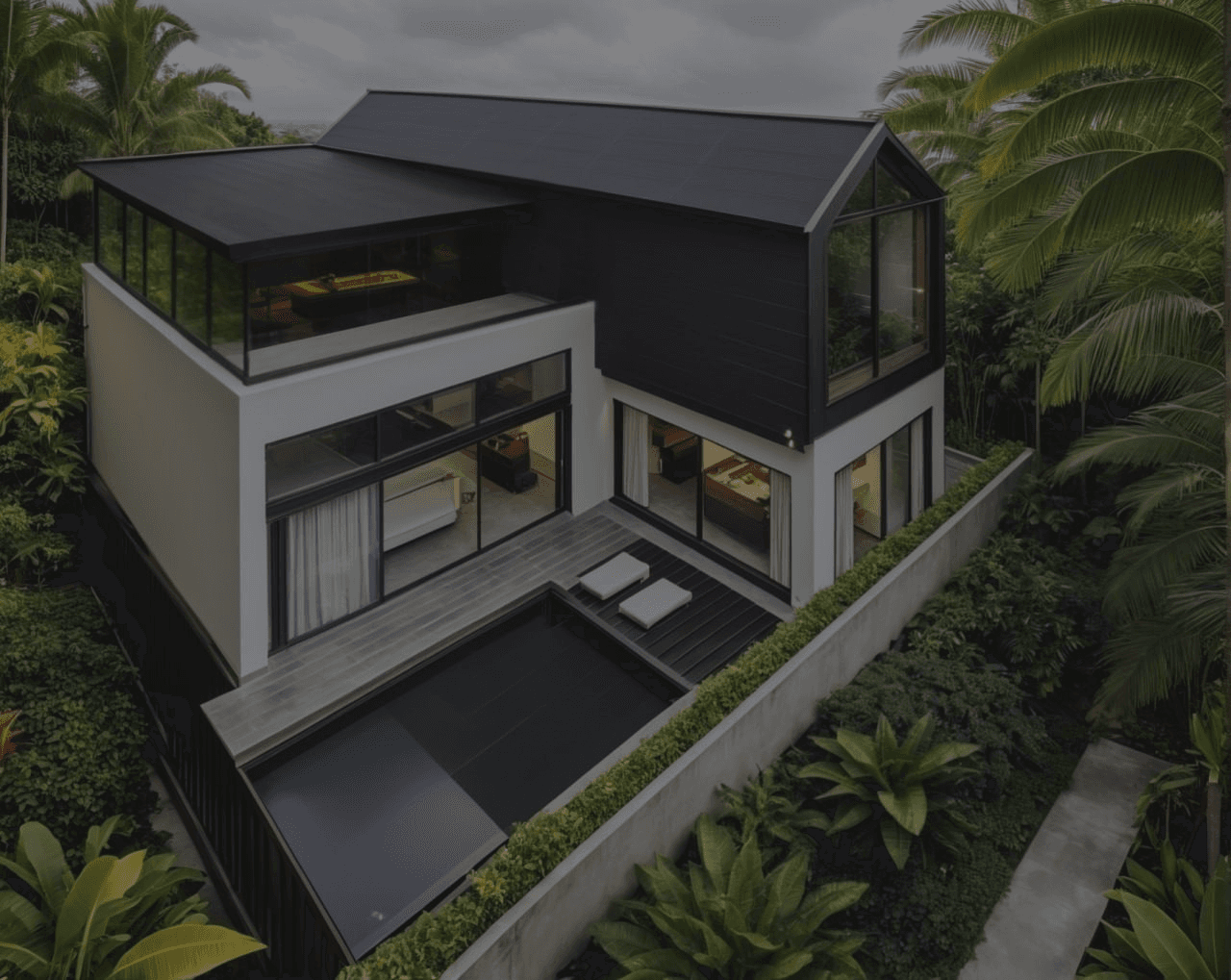 Aerial view of a modern black-roof villa surrounded by tropical jungle — Frigate Bali